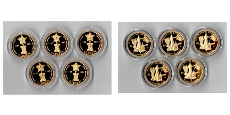 USA MM-Frankfurt  Feingewicht:5x 7,52g Gold 5x 5 Dollars 2011 pp  Medal of Honor