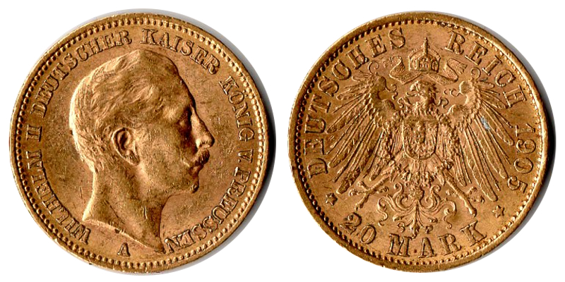 Preussen, Königreich MM-Frankfurt Feingewicht: 7,17g Gold 20 Mark 1905 A sehr schön