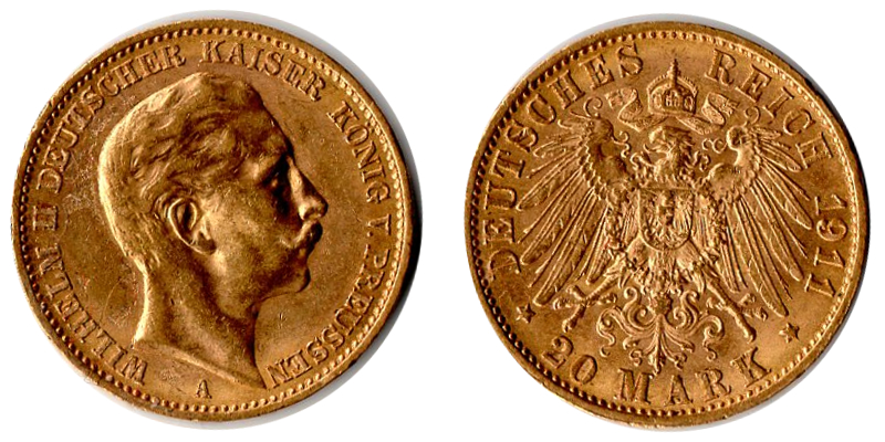 Preussen, Kaiserreich MM-Frankfurt Feingewicht: 7,17g Gold 20 Mark 1911 A sehr schön