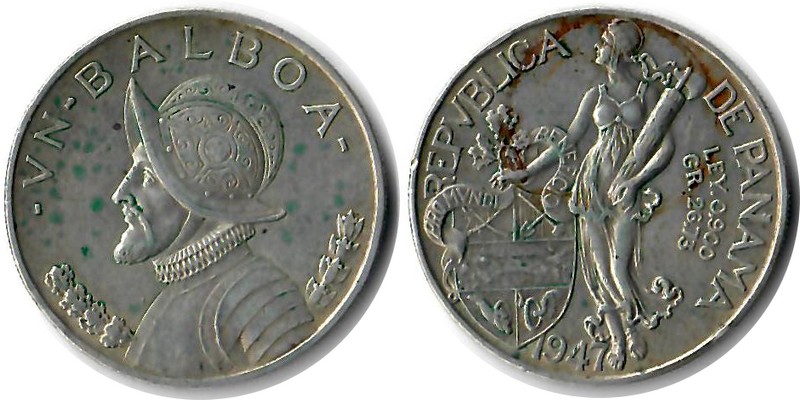  Panama  1 Balboa  1947  FM-Frankfurt  Feingewicht: 24,98g  Silber sehr schön   