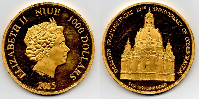 Niue MM-Frankfurt Feingewicht:155,5g Gold 1000 Dollar 2015 sehr shön / schön