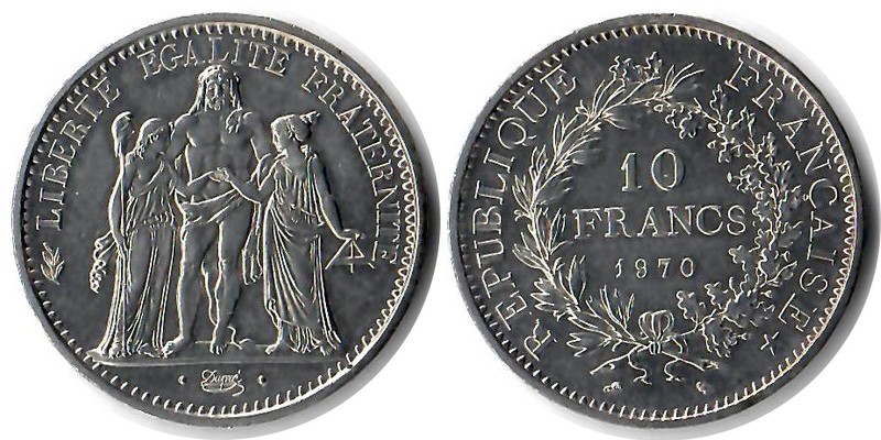  Frankreich  10 Francs  1970  FM-Frankfurt  Feingewicht: 22,5g  Silber vorzüglich   