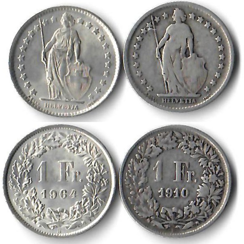  Schweiz  2x 1 Franken  1964/1910  FM-Frankfurt Feingewicht: 2x 4,18g Silber sehr schön/vz   