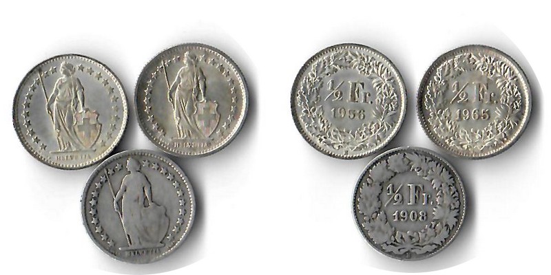  Schweiz  3x 1/2 Franken  ver. Jahre  FM-Frankfurt  Feingewicht: 3x2,09g Silber sehr schön   