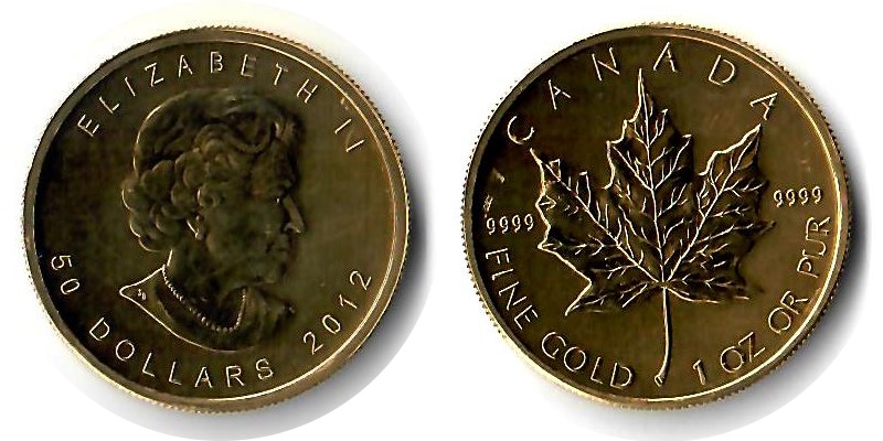 Kanada MM-Frankfurt Feingewicht: 31,1g Gold 50 Dollar Maple Leaf 2012 vorzüglich/st