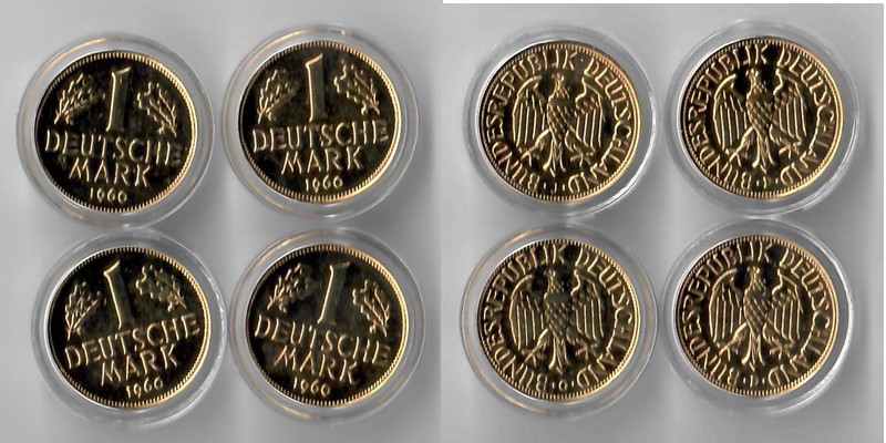  Deutschland  4x 1 DM Kursmünzen vergoldet  1960 JDGD  FM-Frankfurt    Stempelglanz   