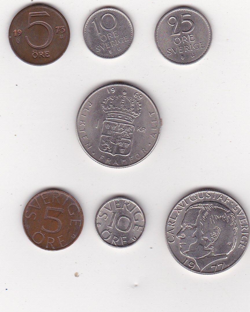  Schweden, 7 verschiedene Kursmünzen   