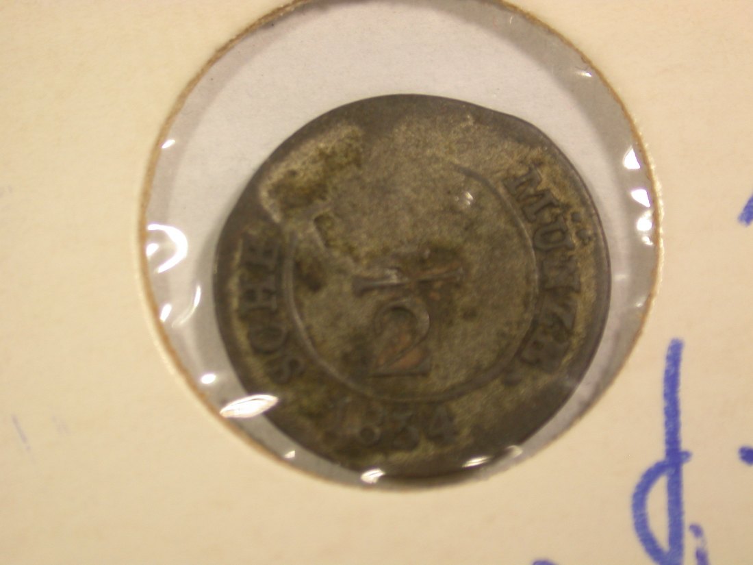 B07 Württemberg 1/2 Kreuzer 1834 in f.ss, Druckstelle AKS 114 Originalbilder