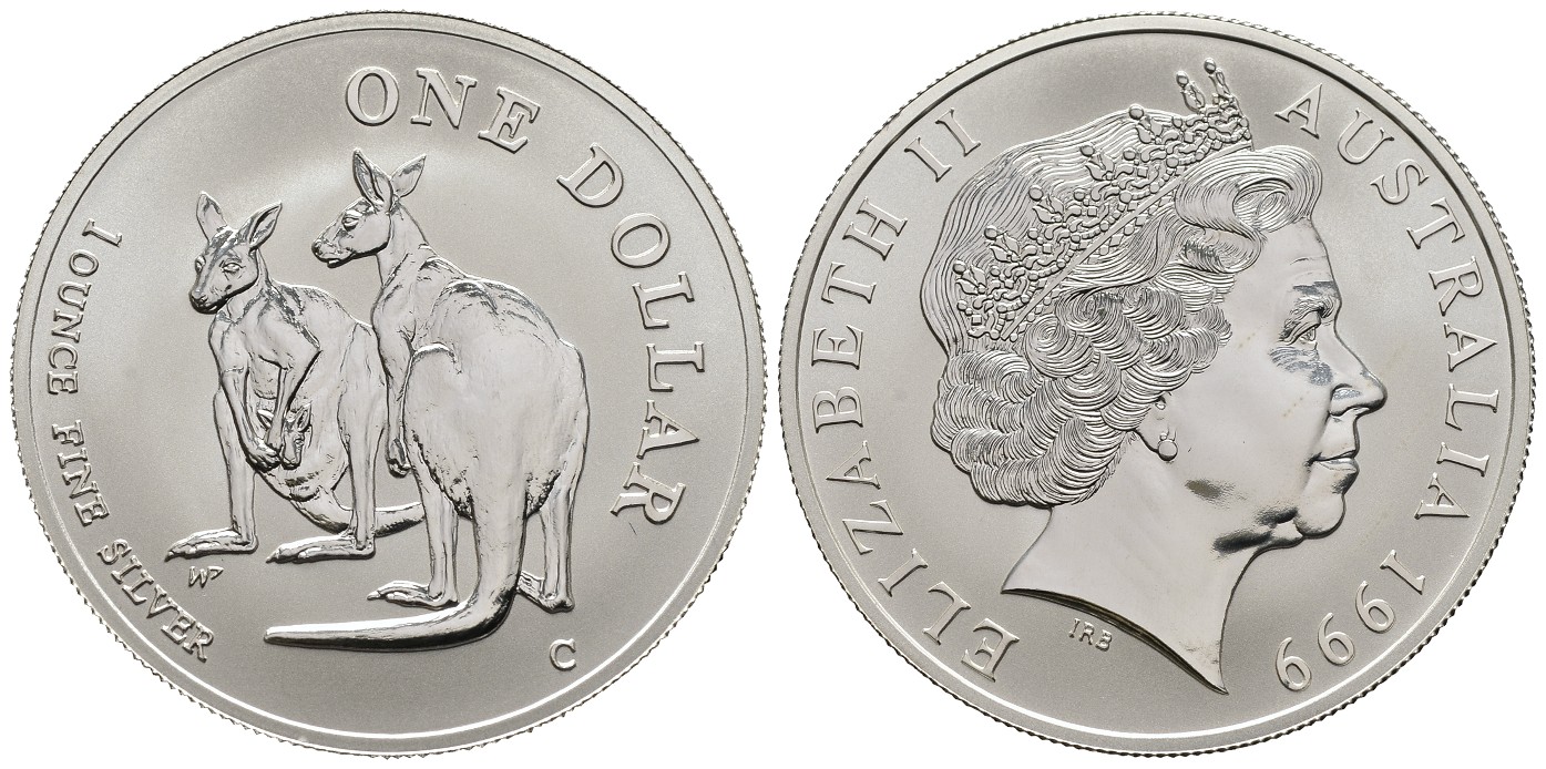 PEUS 7756 Australien 31,1 g Feinsilber. Zwei Kängurus Dollar SILBER 1999 C Uncirculated (in Kapsel)