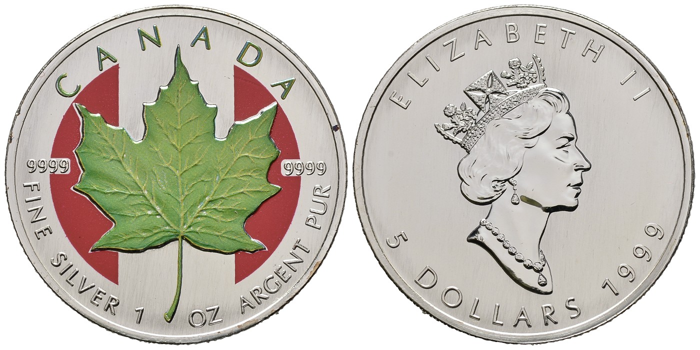 PEUS 7757 Kanada 31,1 g Feinsilber. Maple Leaf coloriert (grün / rot) 5 Dollars SILBER Unze 1999 Uncirculated