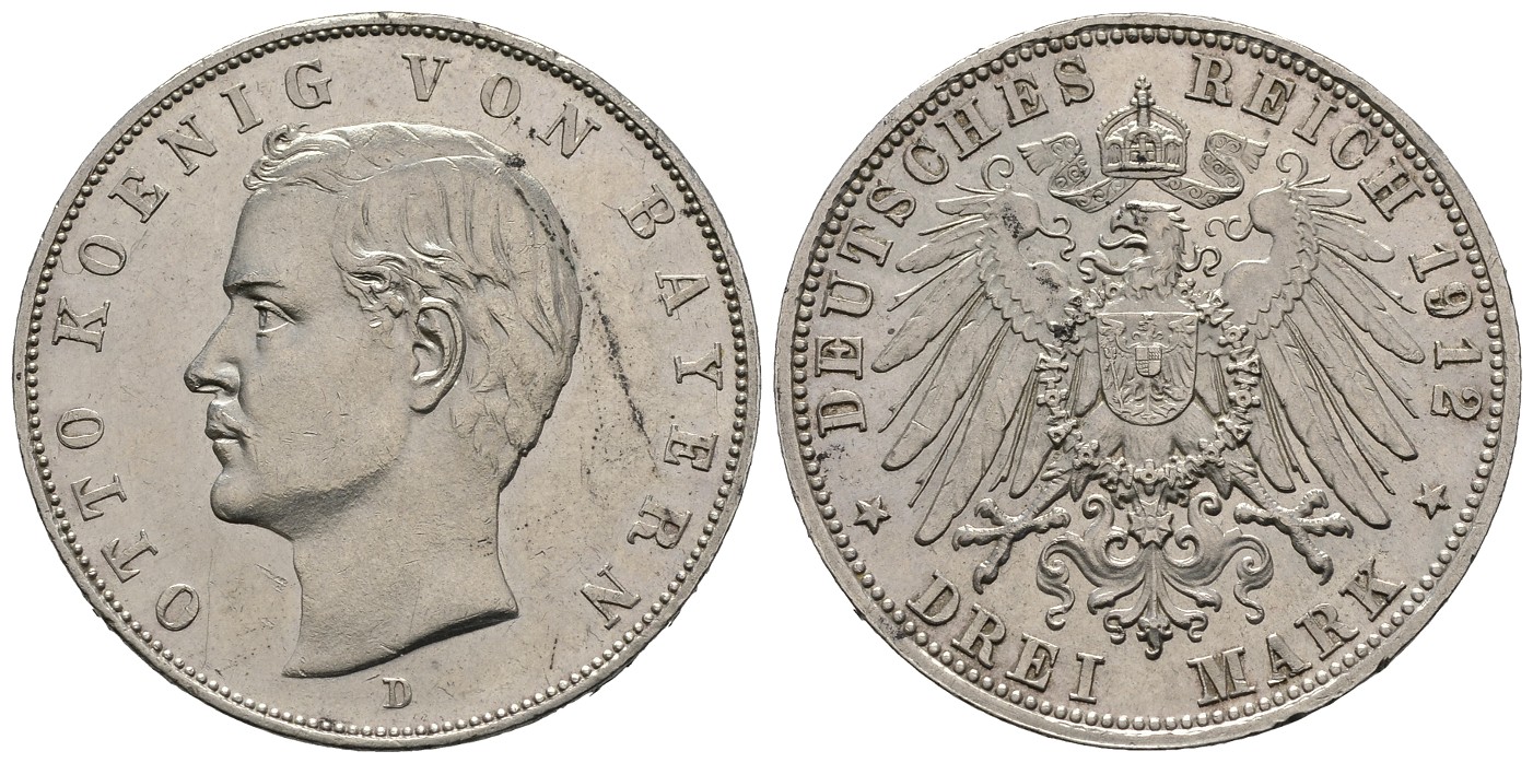 PEUS 7760 Bayern - Kaiserreich Otto (1886 - 1913) 3 Mark 1912 D Kl. Kratzer, Sehr schön + / Vorzüglich