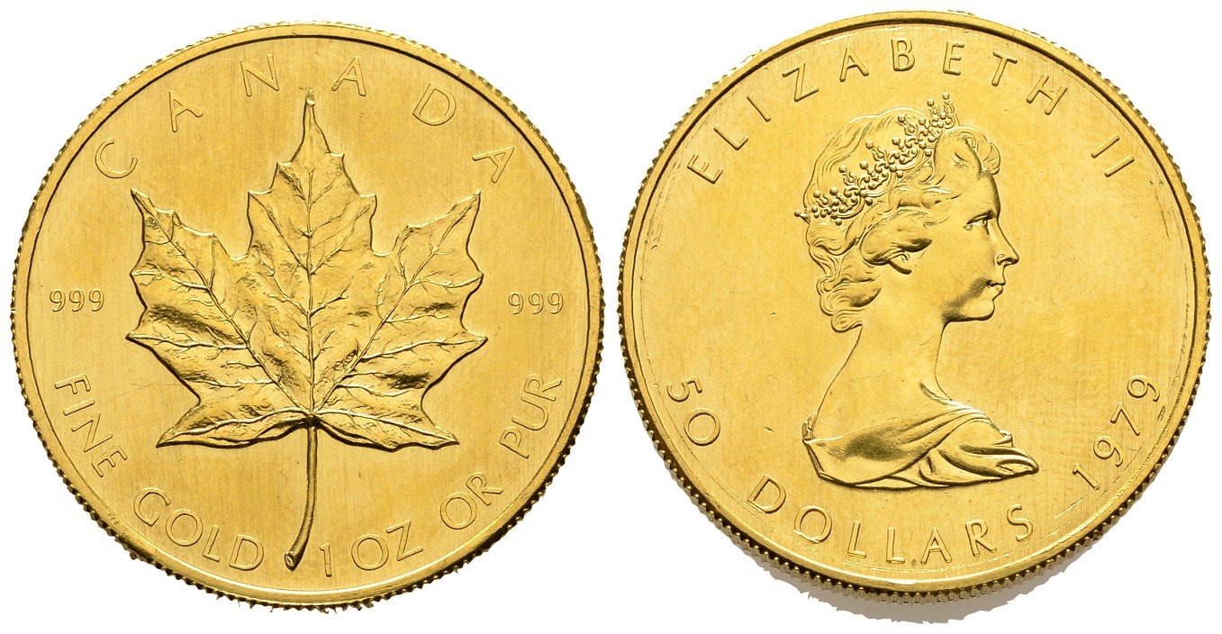 PEUS 7765 Kanada 31,1 g Feingold. Maple Leaf 50 Dollars GOLD Maple Leaf Unze 1979 Winzige Kratzer, Vorzüglich +