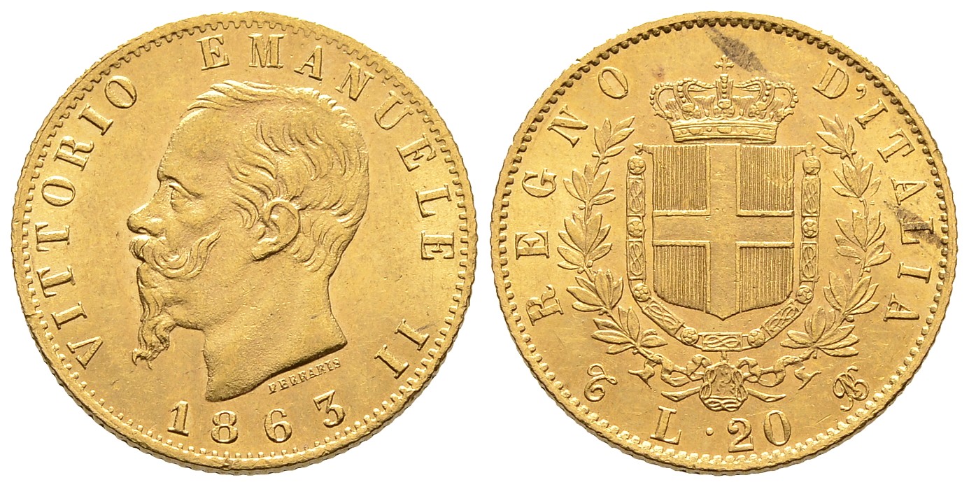 PEUS 7766 Italien Königreich 5,81 g Feingold. Vittorio Emanuelle II. (1861 - 1878) 20 Lire GOLD 1863 T BN 