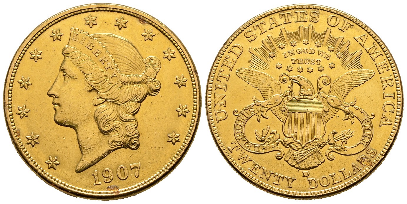 PEUS 7770 USA 30,1 g Feingold. Coronet Head 20 Dollars GOLD 1907 D Fassungsspuren, Sehr schön +