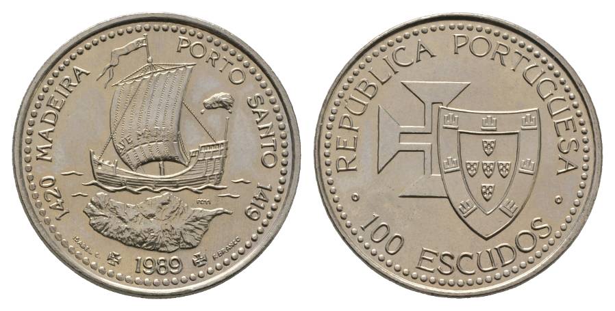  Schifffahrtsmünze; Portugal 100 Escudo 1989; Cu-Ni, 16,55 g, Ø 34 mm   