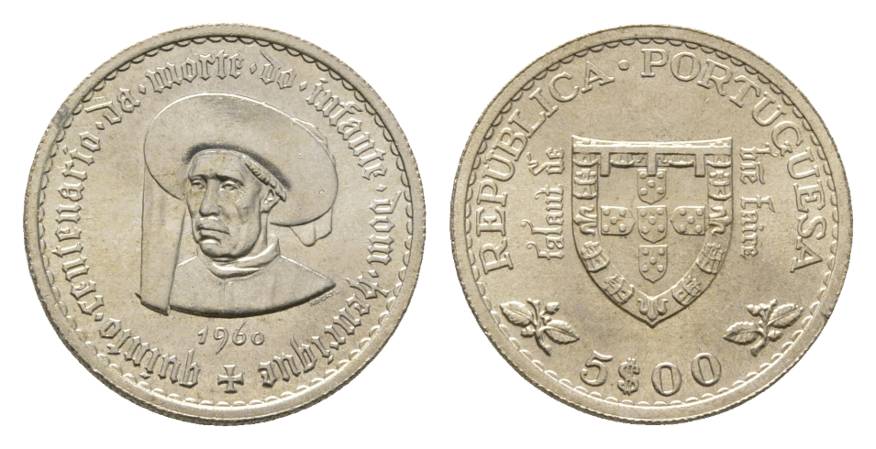  Portugal 5 Escudo 1960; AG, 7 g, Ø 25 mm   