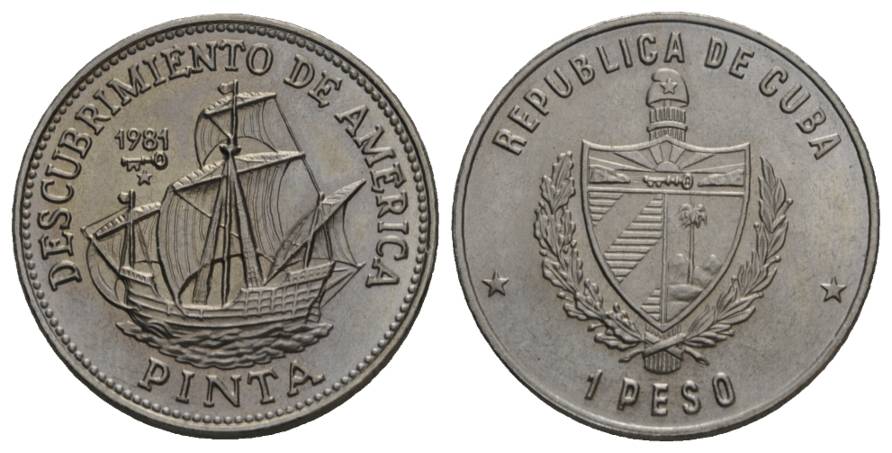  Schifffahrtsmünze; Cuba 1 Peso 1981; 11,67 g, Ø 30 mm   