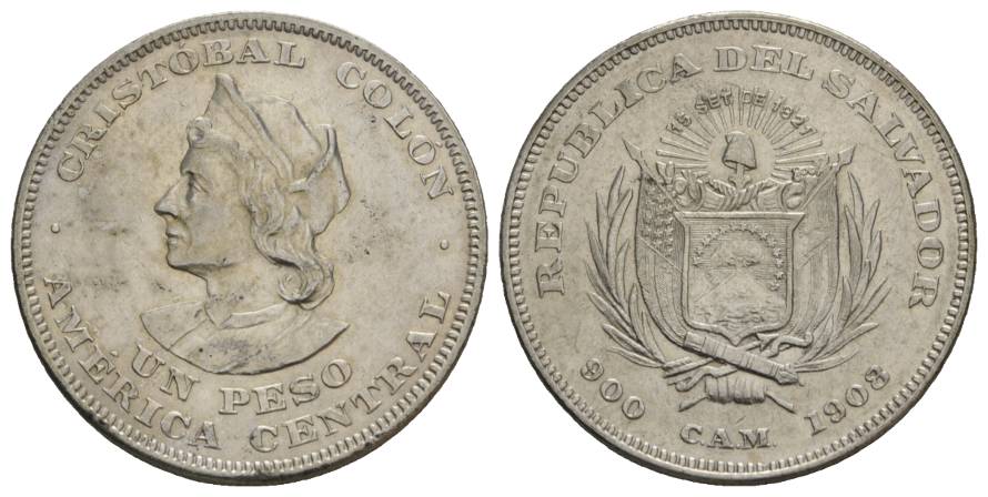  Schifffahrtsmünze; EL SALVADOR 1 Peso 1908; AG, 24,95 g, Ø 37 mm   