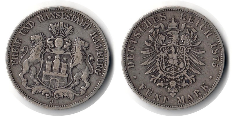  Hamburg, Kaiserreich  5 Mark  1875 J FM-Frankfurt Feingewicht: 25g Silber sehr schön   