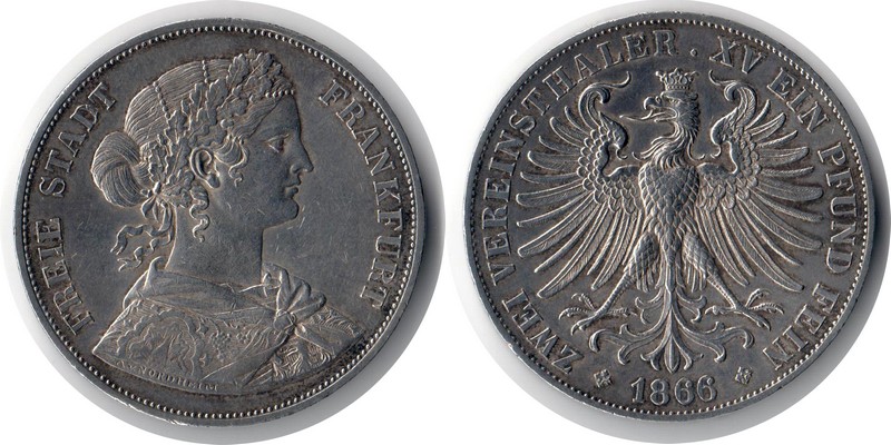  Frankfurt  Zwei Vereinsthaler  1866  FM-Frankfurt  Feingewicht: 33,26g  Silber sehr schön/vorzüglich   