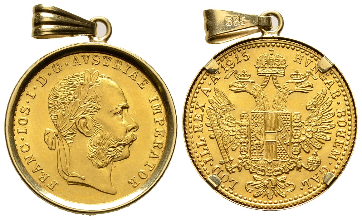 PEUS 7773 Österreich Insg. 3,76 g Feingold. Franz Joseph I. (1848 - 1916) 1 Dukat (off.NP) GOLD 1915 Gefasst, Stempelglanz
