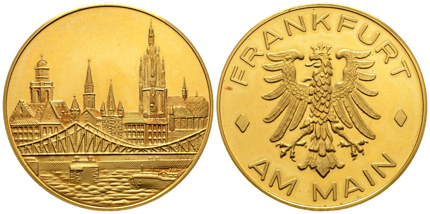 PEUS 7781 BRD, Frankfurt 40 mm / 29,24 g Feingold. Stadtansicht / Adler mit Umschrift Goldmedaille o.J. Patina, Vorzüglich +