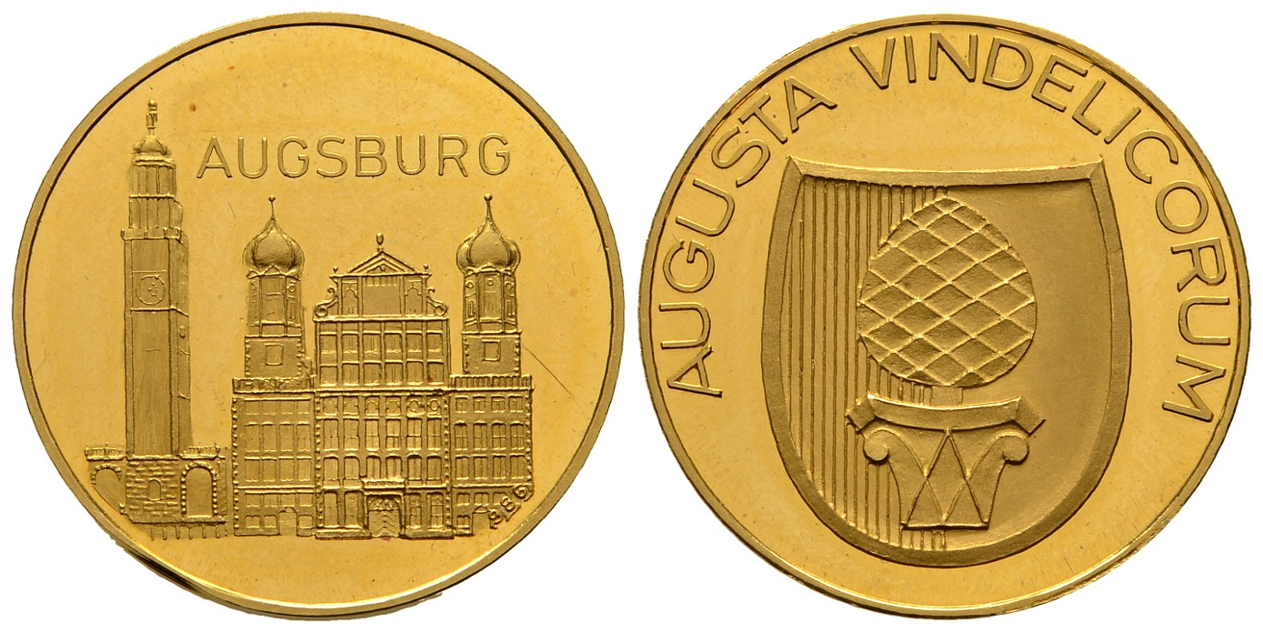 PEUS 7786 BRD, Augsburg 26 mm / 9,84 g Feingold. Rathausplatz / Stadtwappen Goldmedaille o.J. Patina, Vorzüglich +