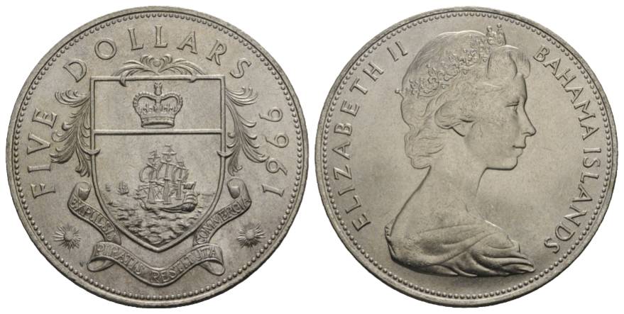  Schifffahrtsmünze; Bahama Islands 5 Dollar 1966; AG, 42,07 g, Ø 45 mm   