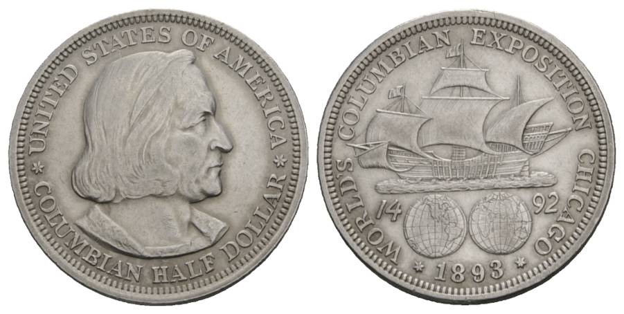  Schifffahrtsmünze; USA Worlds Columbian Exposition 1/2 Dollar 1893;  AG, 12,45 g, Ø 31 mm   