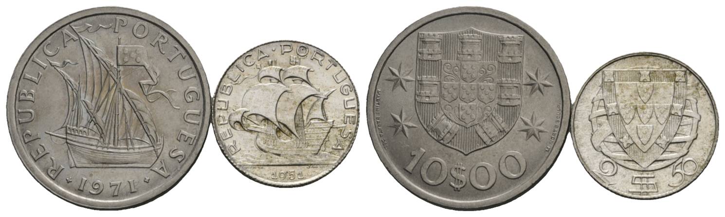  Schifffahrtsmünzen; Portugal; 2 Kleinmünzen 1971/1951, AG/Cu-Ni   