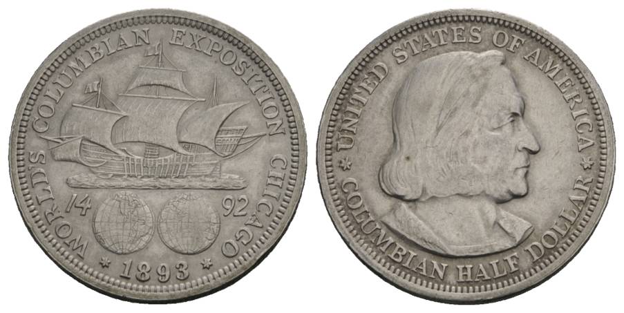  Schifffahrtsmünze; USA Worlds Columbian Exposition 1/2 Dollar 1893;  AG, 12,51 g, Ø 31 mm   