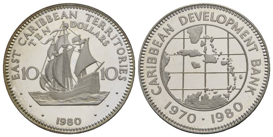  Schifffahrtsmünze; Karibik 10 Dollar 1980; AG, 28,21 g, Ø 39 mm   