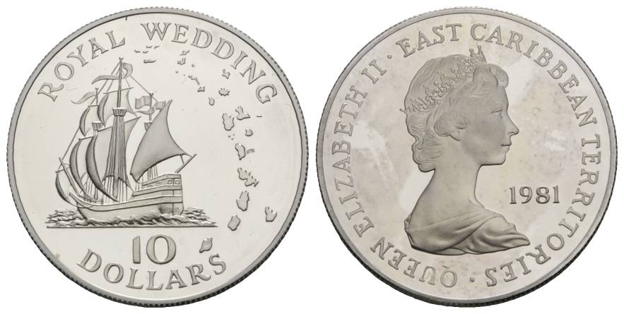  Schifffahrtsmünze; Karibik 10 Dollar 1981; AG, 28,25 g, Ø 39 mm   