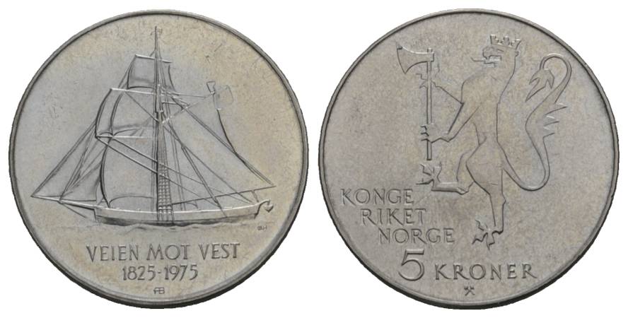  Schifffahrtsmünze; Norwegen, 5 Kronen 1975; Cu-Ni, Ø 29 mm   