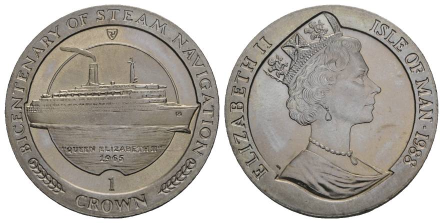  Schifffahrtsmünze; Isle of man, 1 Crown 1988; Cu-Ni, 28,71 g, Ø 39 mm   