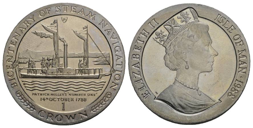  Schifffahrtsmünze; Isle of man, 1 Crown 1988; Cu-Ni, 28,53 g, Ø 39 mm   