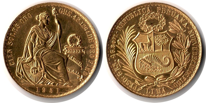 Peru MM-Frankfurt Feingewicht: 42,13g Gold 100 Soles 1951 vorzüglich