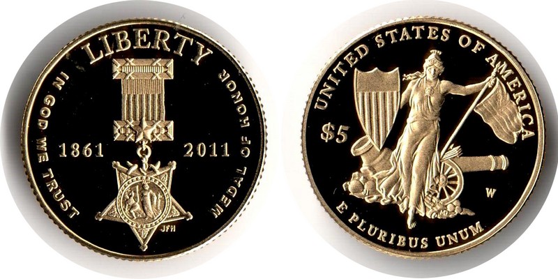 USA MM-Frankfurt  Feingewicht: 7,52g Gold 5 Dollars 2011 pp  Medal of Honor