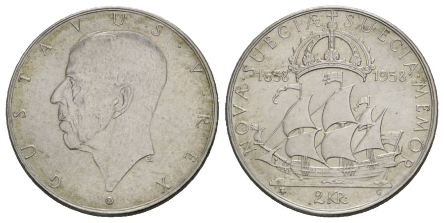  Schifffahrtsmünze; Schweden, 2 Kronor 1938; AG, 14,98 g, Ø 31 mm   