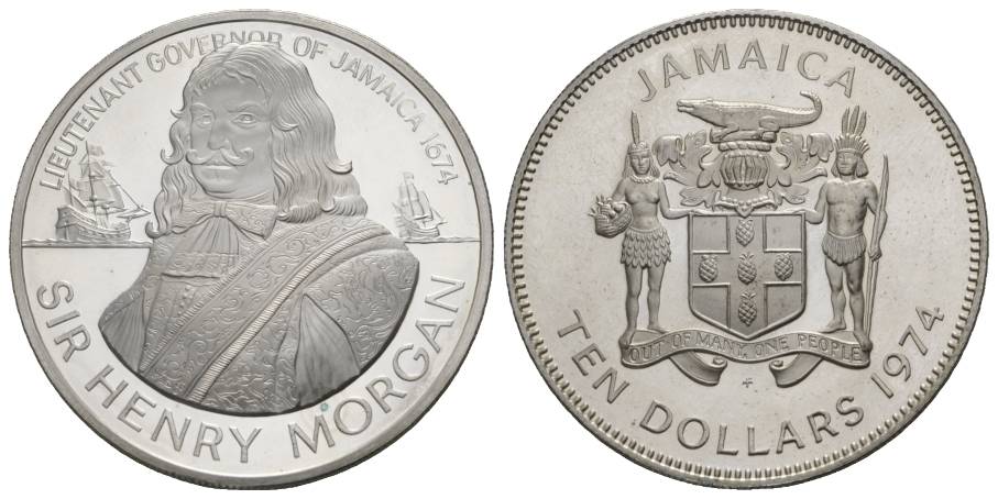  Schifffahrtsmünze; Jamaica 10 Dollar 1974; AG, 43,15 g, Ø 45 mm   