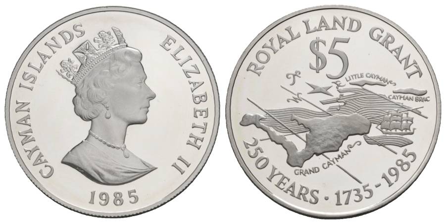  Schifffahrtsmünze; Cayman Islands 5 Dollars 1985; AG, 27,75 g, Ø 38,6 mm   