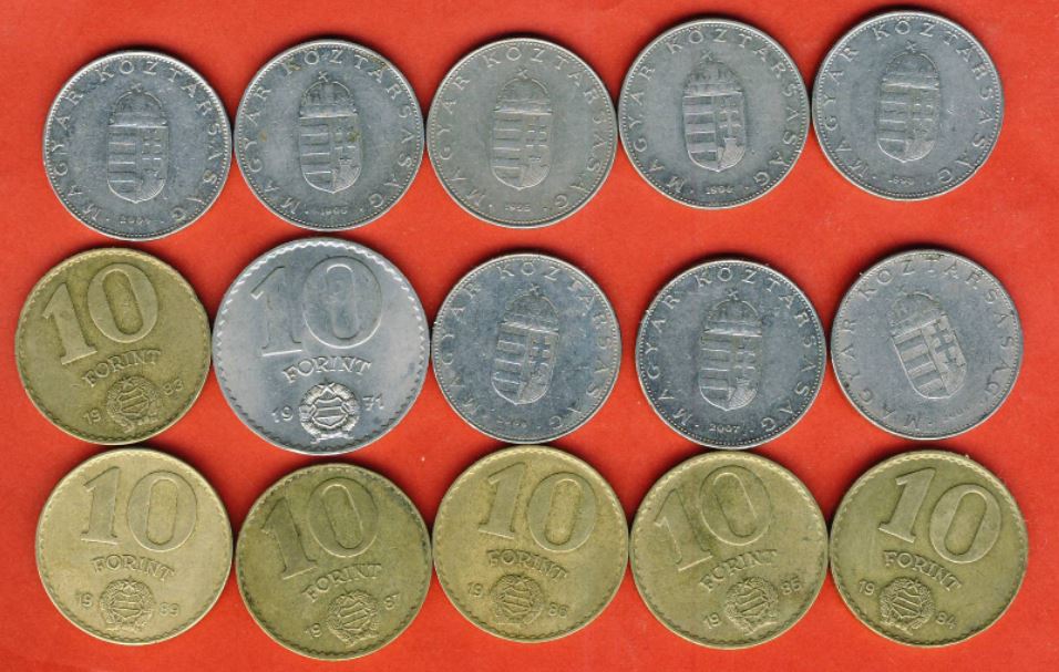  Ungarn 15x 10 Forint 1971,1983,1984,1985,1986,1987,1989,1993,1994,1995,1996,2004,2005,2007,2008,   