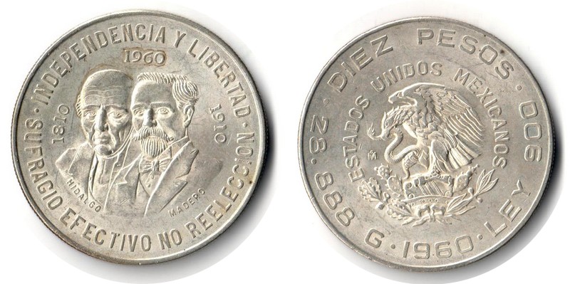  Mexiko  10 Pesos  1960  FM-Frankfurt  Feingewicht: 26g  Silber  sehr schön   