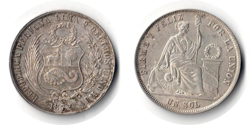  Peru  1 Sol  1872  FM-Frankfurt  Feingewicht: 22,5g  Silber  sehr schön   