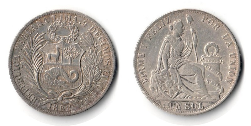  Peru  1 Sol  1888 FM-Frankfurt  Feingewicht: 22,5g  Silber  sehr schön   