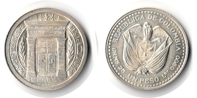  Kolumbien  1 Pesos  1956  FM-Frankfurt  Feingewicht: 22,5g Silber  vorzüglich   