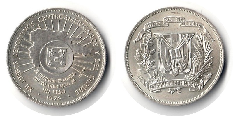  Dominikanische Republik 1 Peso  1974  FM-Frankfurt  Feingewicht: 24,03g Silber vorzüglich   