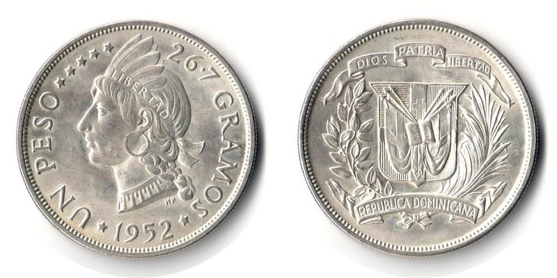  Dominikanische Republik 1 Peso  1952  FM-Frankfurt  Feingewicht: 24,03g Silber vorzüglich   