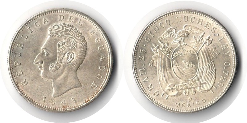  Ecuador  5 Sucres  1943  FM-Frankfurt  Feingewicht: 18g Silber sehr schön/vorzüglich   