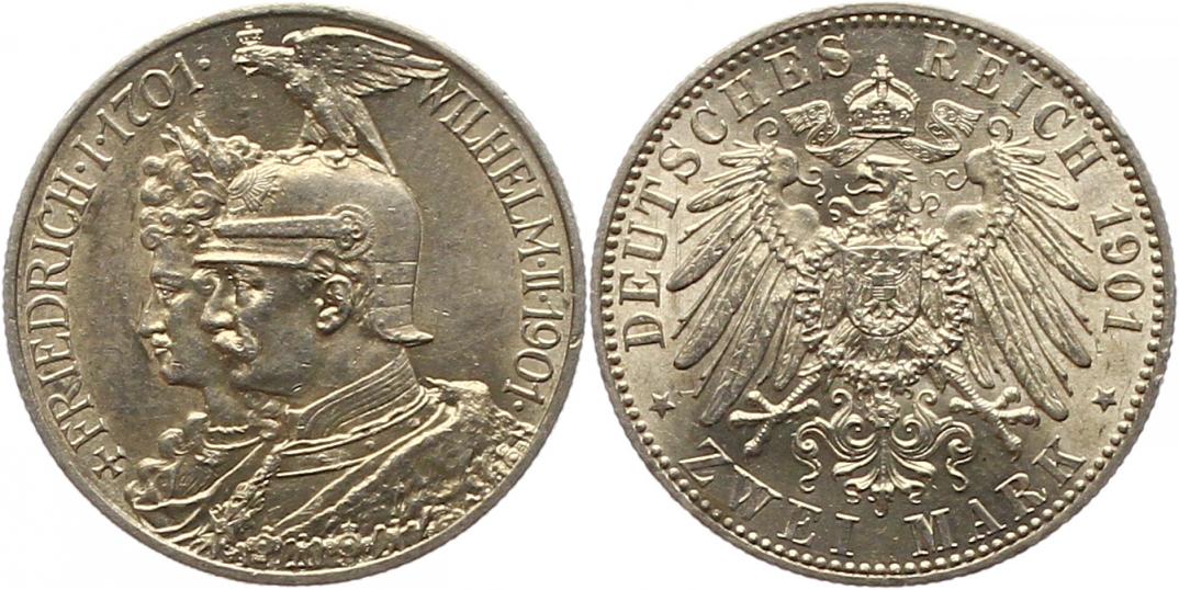  7567 Kaiserreich Preussen 2 Mark 1901 zur 200 Jahrfeier vorzüglich   